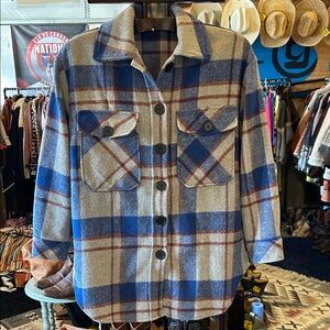 Blue and Cream Plaid Women's Button Down Shirt